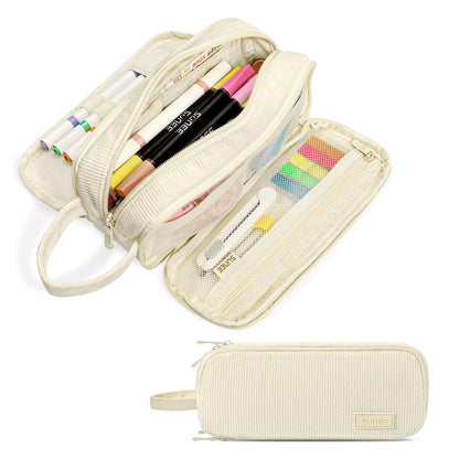 SUNEE Large Capacity Pencil Case with 3 Compartment, Extra Big Pencil Pouch, Pencil Bag with Zipper, Cute High Stationery Organizer, Oxford Pen Box School Supplies for Student Teen Girls Boys, Black