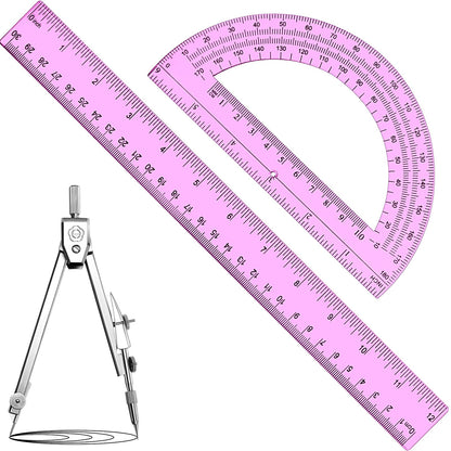 Zonon 3 Pcs 12" Clear Plastic Ruler 6 Inch Protractor Compass Set, Clear