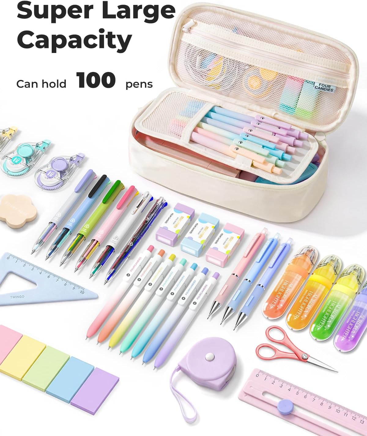 Four Candies Large Pencil Case, 5 Compartments Canvas Pen Organize