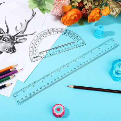 Zonon 6 Packs 12 Inch Plastic Ruler and 6 Inch Protractor Set, Clear Geometry Math Set, Transparent Ruler Supplies for Back to School, Classroom and Student School Supplies, Office Drawing