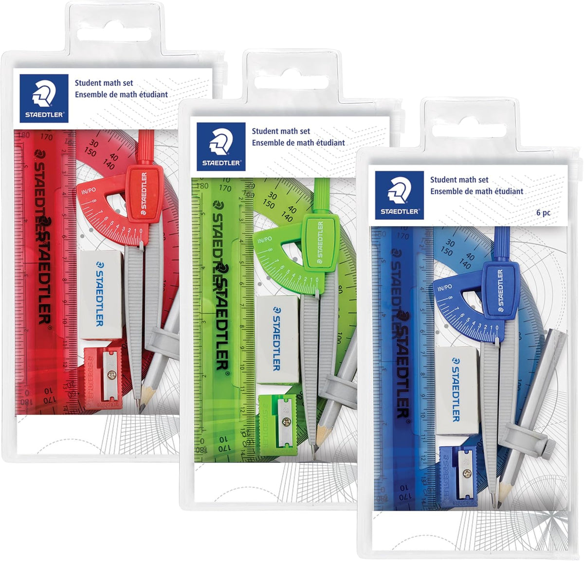 STAEDTLER Student Math Set - Essential School Supplies with 6-Piece - Compass, 6in Ruler, 180° Protractor, Pencil, Eraser & Sharpener in Zippered Storage Pouch
