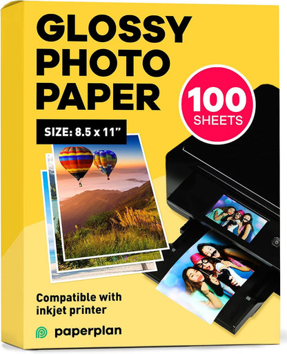 Glossy Photo Paper For Printer 8.5 x 11" - (100 Sheets) - Works with Inkjet Printer, Easy to Use, Premium Picture Paper