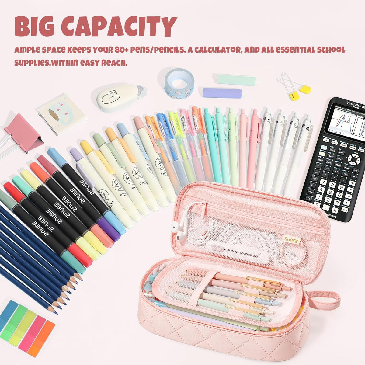 SUNEE Cute Pencil Case, Large Capacity Pencil Pouch Aesthetic Zipper Pencil Bag, Big Storage Pen Organizer for Stationery, Soft Quilted Pencil Box Back to School Supplies for Teen Girls Boys,Soft Pink