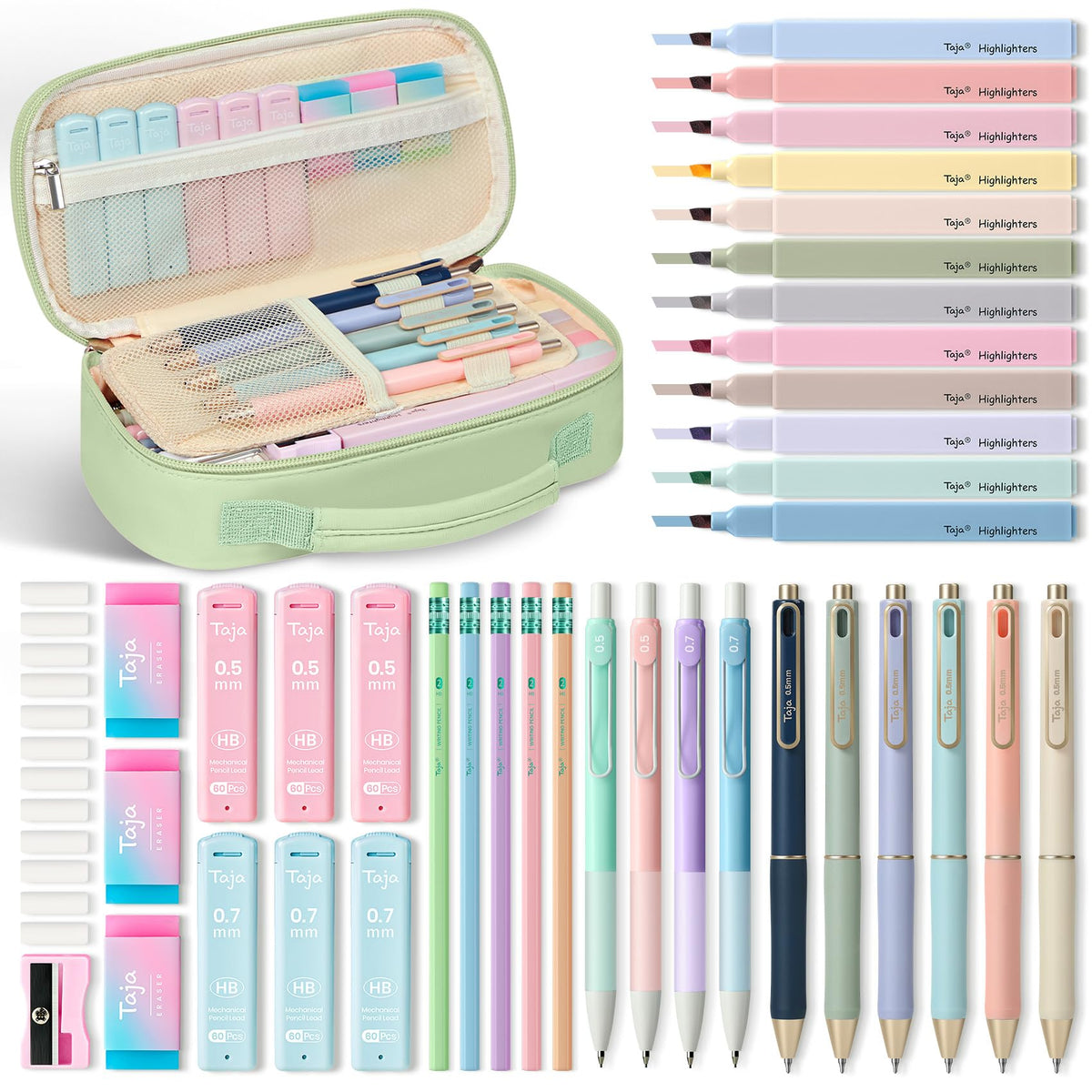 Taja Cute Pencil Case With School Supplies, 39 PCS, Stationery Set, Pink