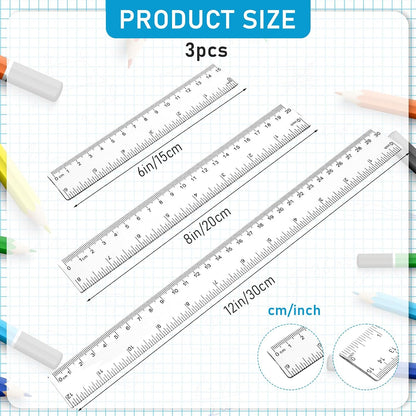 3 Pack 6 Inch 8 Inch 12 Inch Ruler Set Plastic Straight Ruler Transparent Measuring Tool Acrylic Clear Ruler for School Office Student