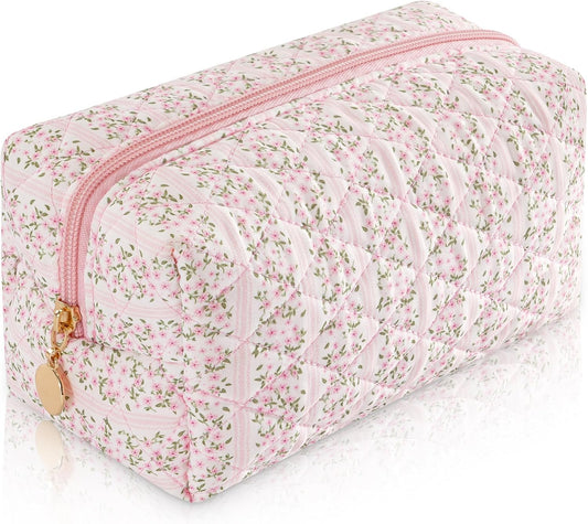 Makeup Bag Travel Toiletry Bag for Women, Small Cosmetic Bags Cute Quilted Cotton Makeup Pouch for Purse Emergency Bag Pencil Case Accessory Bag, Pastel Pink