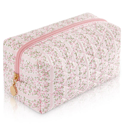 Makeup Bag Travel Toiletry Bag for Women, Small Cosmetic Bags Cute Quilted Cotton Makeup Pouch for Purse Emergency Bag Pencil Case Accessory Bag, Pastel Pink