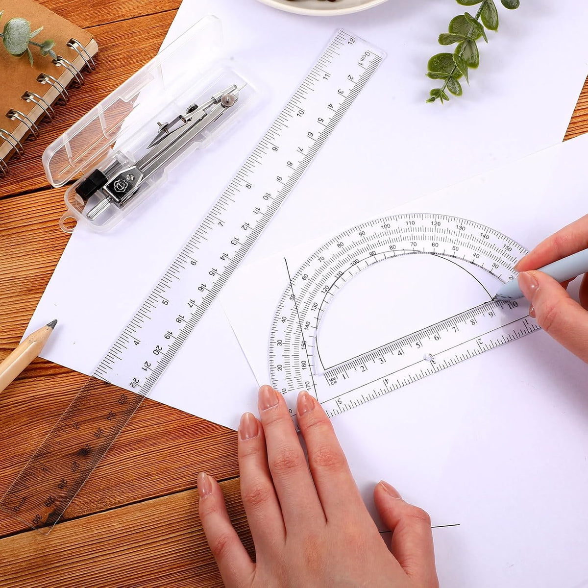 Zonon 3 Pcs 12" Clear Plastic Ruler 6 Inch Protractor Compass Set, Clear