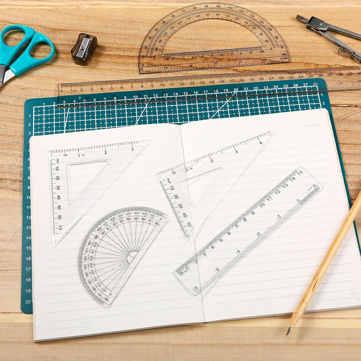 Tenare 6 Pcs Math Geometry Ruler Set, Protractor Triangle School,Clear