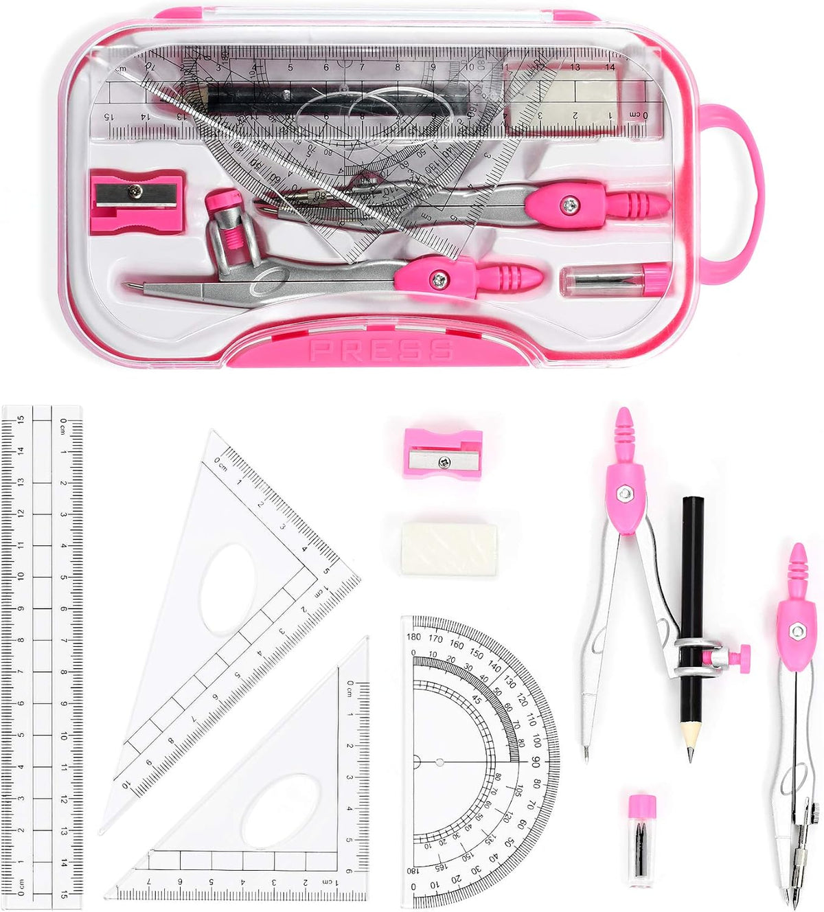 Unjoo Geometry Set 10 Pcs Student Supplies, Protractor and Compass (Pink）
