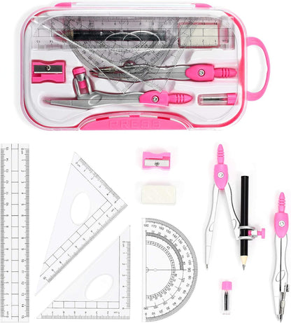 Unjoo Geometry Set 10 Pcs Student Supplies, Protractor and Compass (Pink）