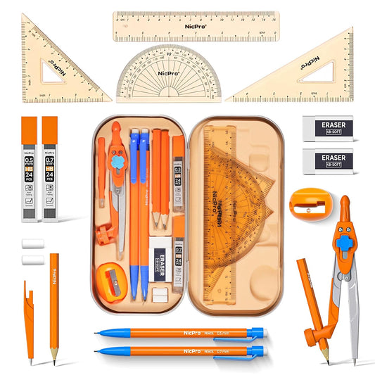 Nicpro 17 PCS Geometry Set, Protractor and Compass Set for School Students