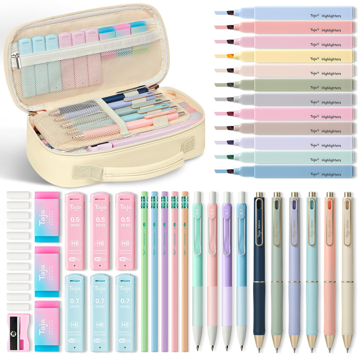 Taja Cute Pencil Case With School Supplies, 39 PCS, Stationery Set, Pink