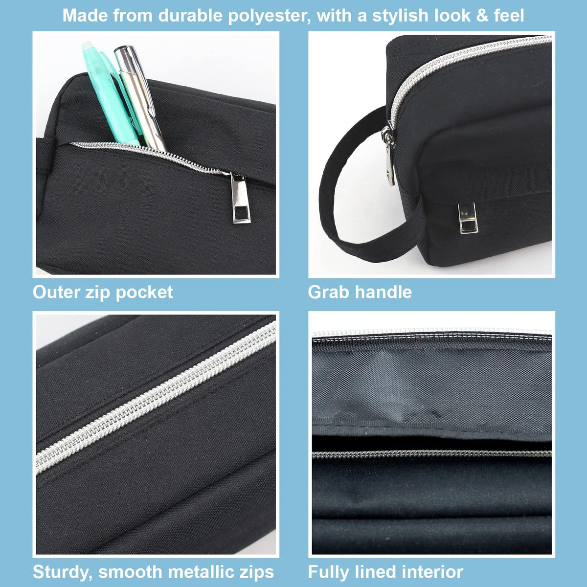 Fashion Stationery Black Pencil Case with Handle, Large Capacity