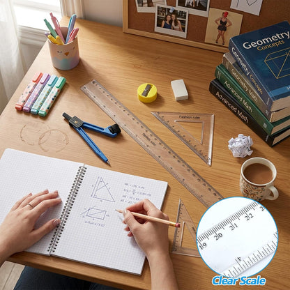 7Pcs Geometry Tool Protractor and Compass Set 12Inch Plastic Ruler