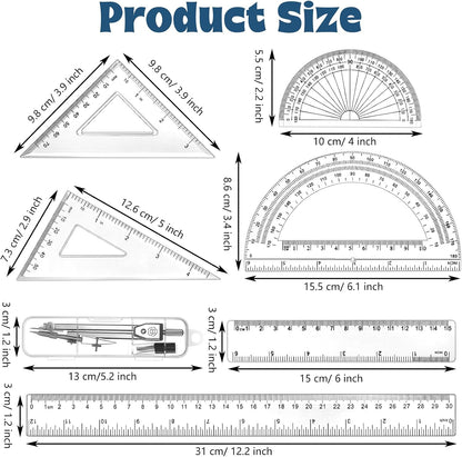 Zonon 7 Pcs Geometry Set with Drawing Compas, 6&4 Inch Protractors, Clear