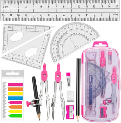 Akuoly Maths Compasses Full Starter Geometry Kit with 2 Drafting Compasses Protractor 2 Set Squares Ruler Pencil and More for Students Maths Study Homework etc. Pink