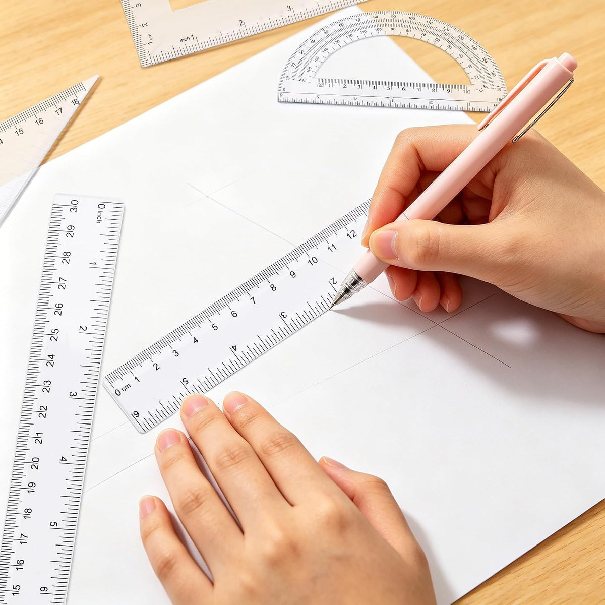 Plastic Clear Ruler Math Set - 6'' 12'' Transparent Straight Ruler, 4'' 6'' Protractor, 30/60 & 45/90 Triangle Ruler, Geometry Math Measuring Tool for School Office Drawing Teachers Kids Supplies