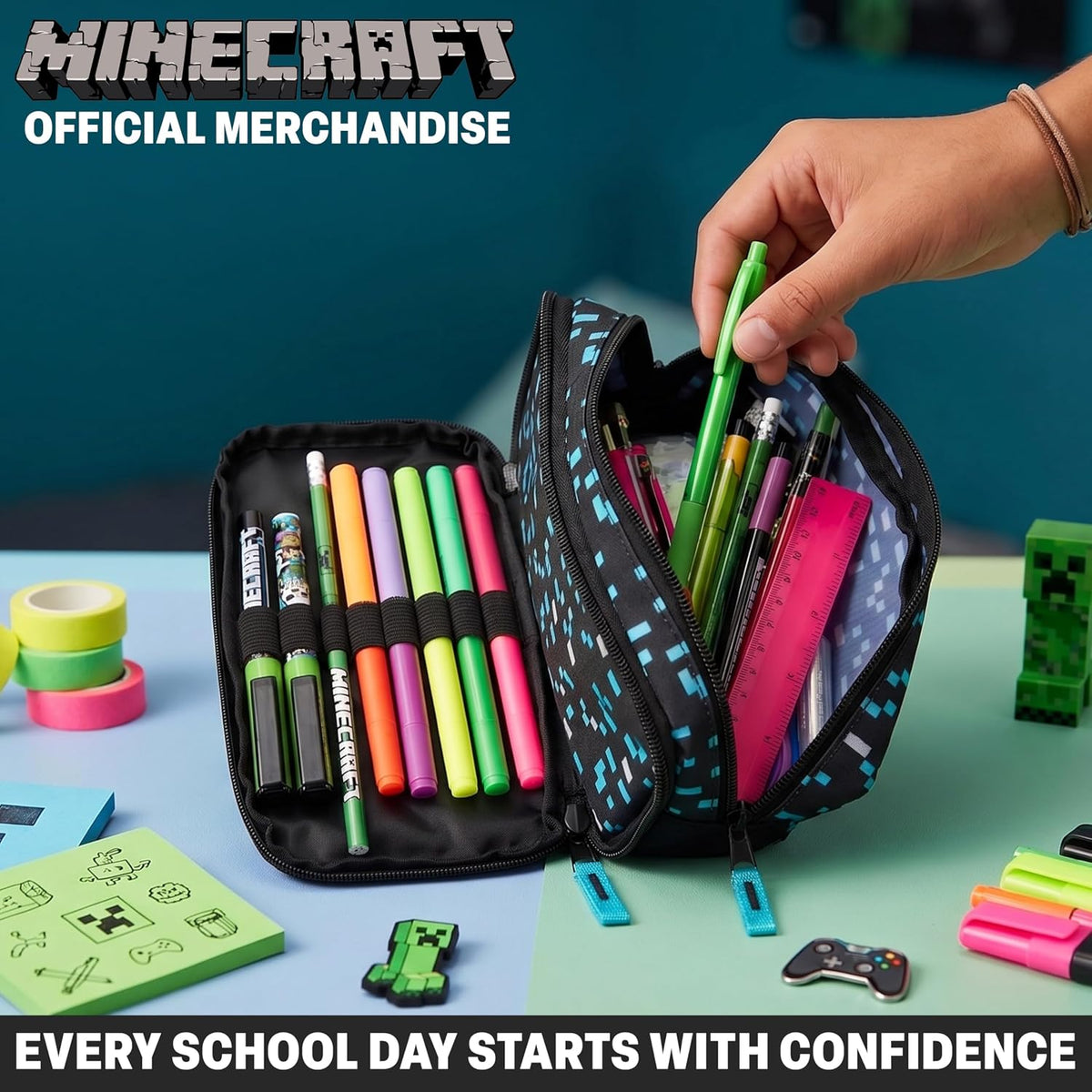 Get Trend Minecraft Pencil Case for Boys, Pencil Pouch with 2 Zipped Compartments, Back-to-School Marker & Pen Case, Organizer for School Supplies, Stationery, Gamer Gifts (Multi Minecraft)