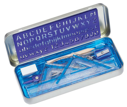 STAEDTLER 10-Piece Math Set with Metal Compass, 6" Ruler & Triangle Squares, 45° & 30/60° Set Squares, Alphabet Stencil - Measuring Tools
