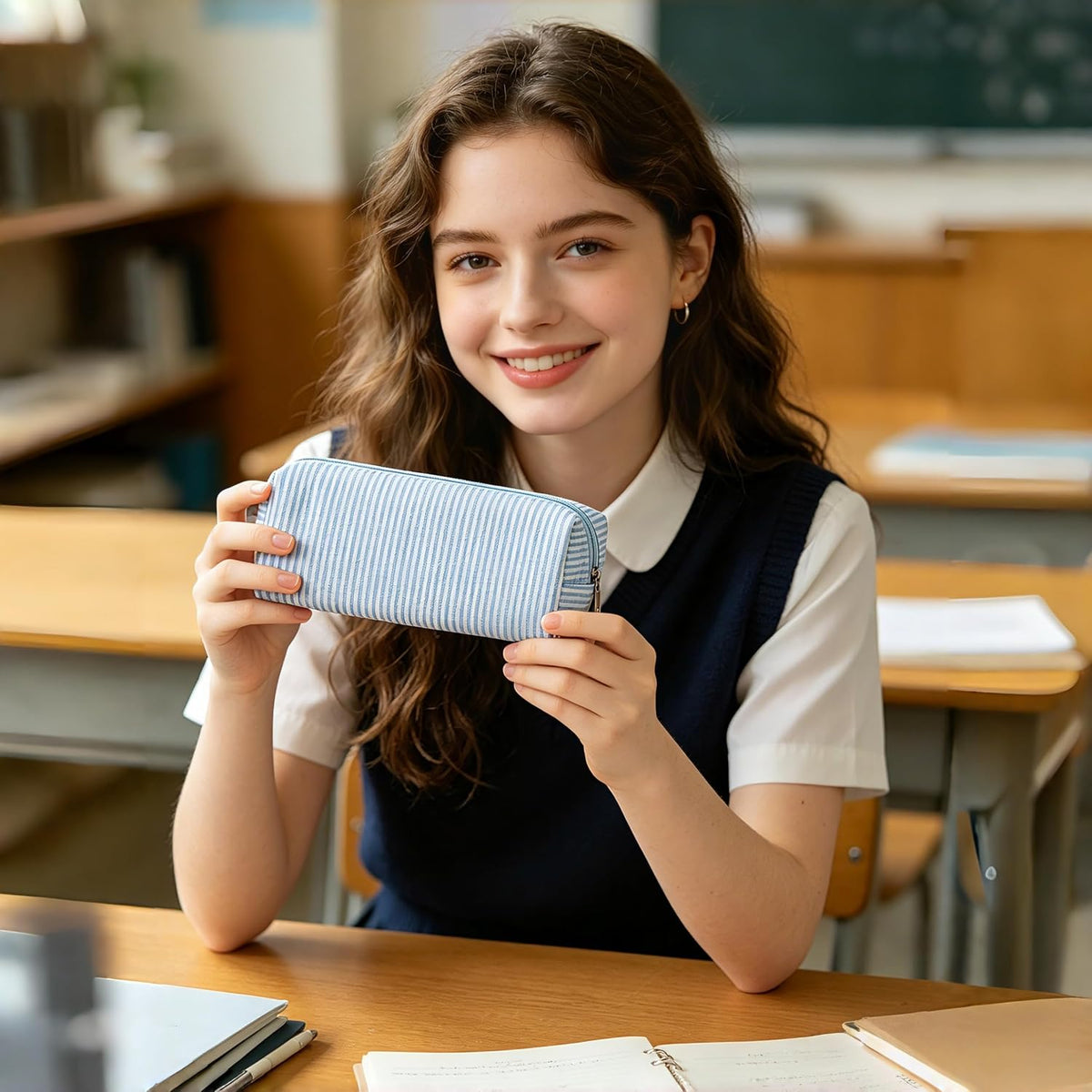 Pencil Case Aesthetic Pencil Pouch for Women Pencil Case Small (Striped blue)