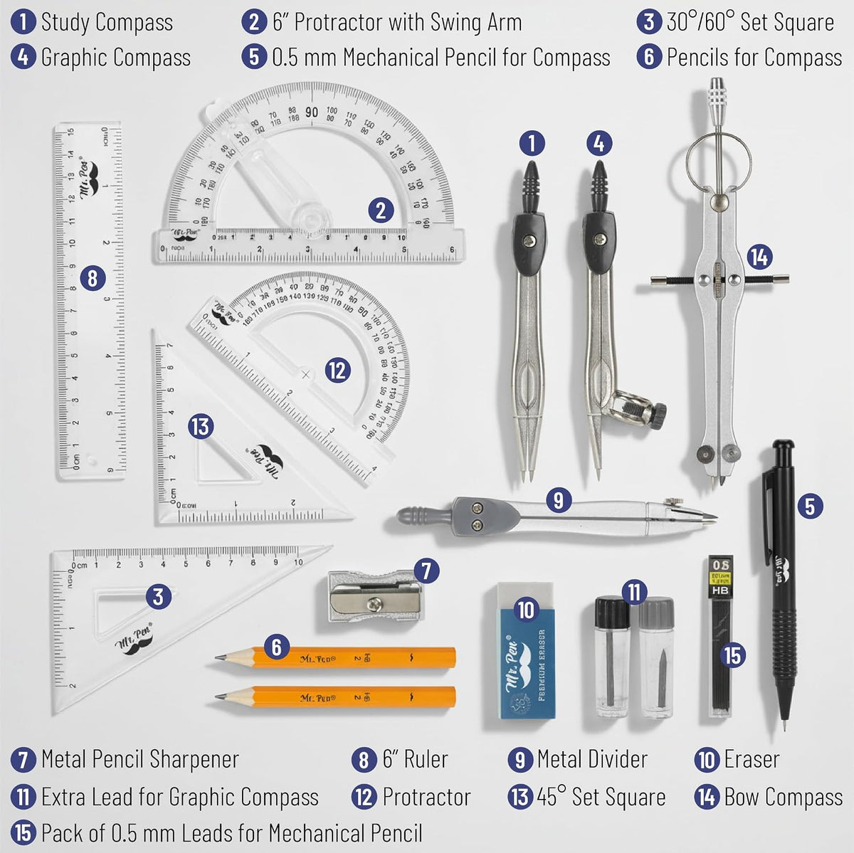 Mr. Pen- Geometry Set, 15 Piece Set with 6 Inch Swing Arm Protractor