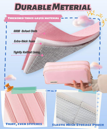 FAHZON Cute Pencil Case, 3 Large Compartments Pencil Pouch, Elastic Pen Slots&Mesh Pockets for Stationery, Pencil Bag for School Supplies with Zipper for Girls Boy Women Teens Adults-Pink
