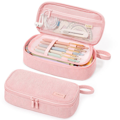 SUNEE Cute Pencil Case, Large Capacity Pencil Pouch Aesthetic Zipper Pencil Bag, Big Storage Pen Organizer for Stationery, Soft Quilted Pencil Box Back to School Supplies for Teen Girls Boys,Soft Pink