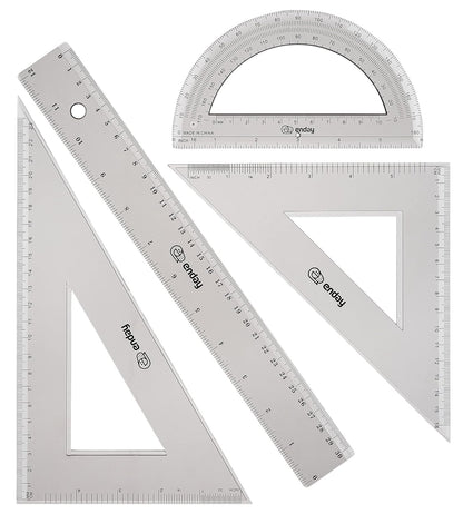 Geometry Plastic Ruler Set, Clear 12 inch/ 30 cm Straight Ruler, Triangle Rulers, Protractor Ruler Tool Set, Transparent School and Office Supplies Math Rulers for Kids and Adults, Set of 4 – By Enday