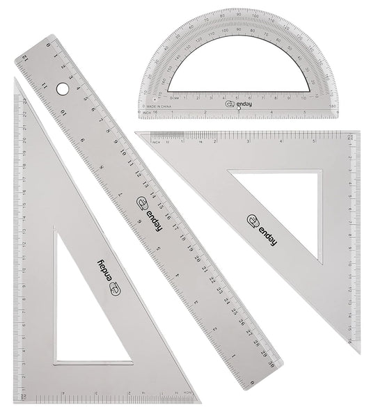 Geometry Plastic Ruler Set, Clear 12 inch/ 30 cm Straight Ruler, Triangle Rulers, Protractor Ruler Tool Set, Transparent School and Office Supplies Math Rulers for Kids and Adults, Set of 4 – By Enday