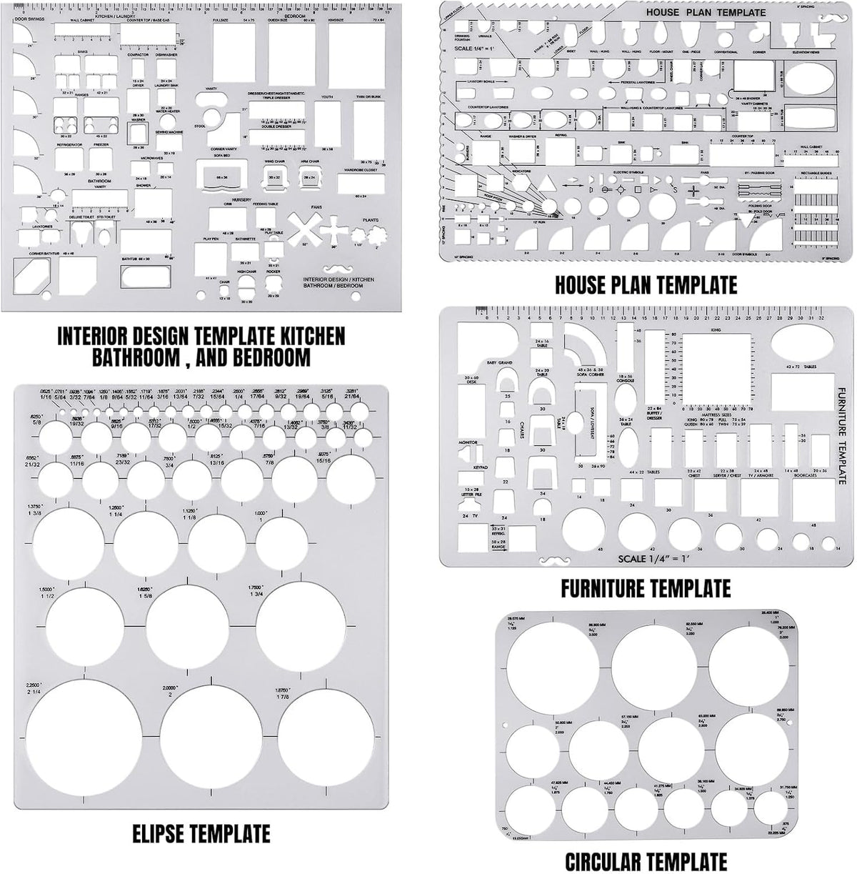 Zonon 10 Pcs Architect Scale & Geometric Drawing Template, Classic, Clear