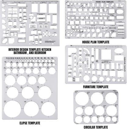 Zonon 10 Pcs Architect Scale & Geometric Drawing Template, Classic, Clear