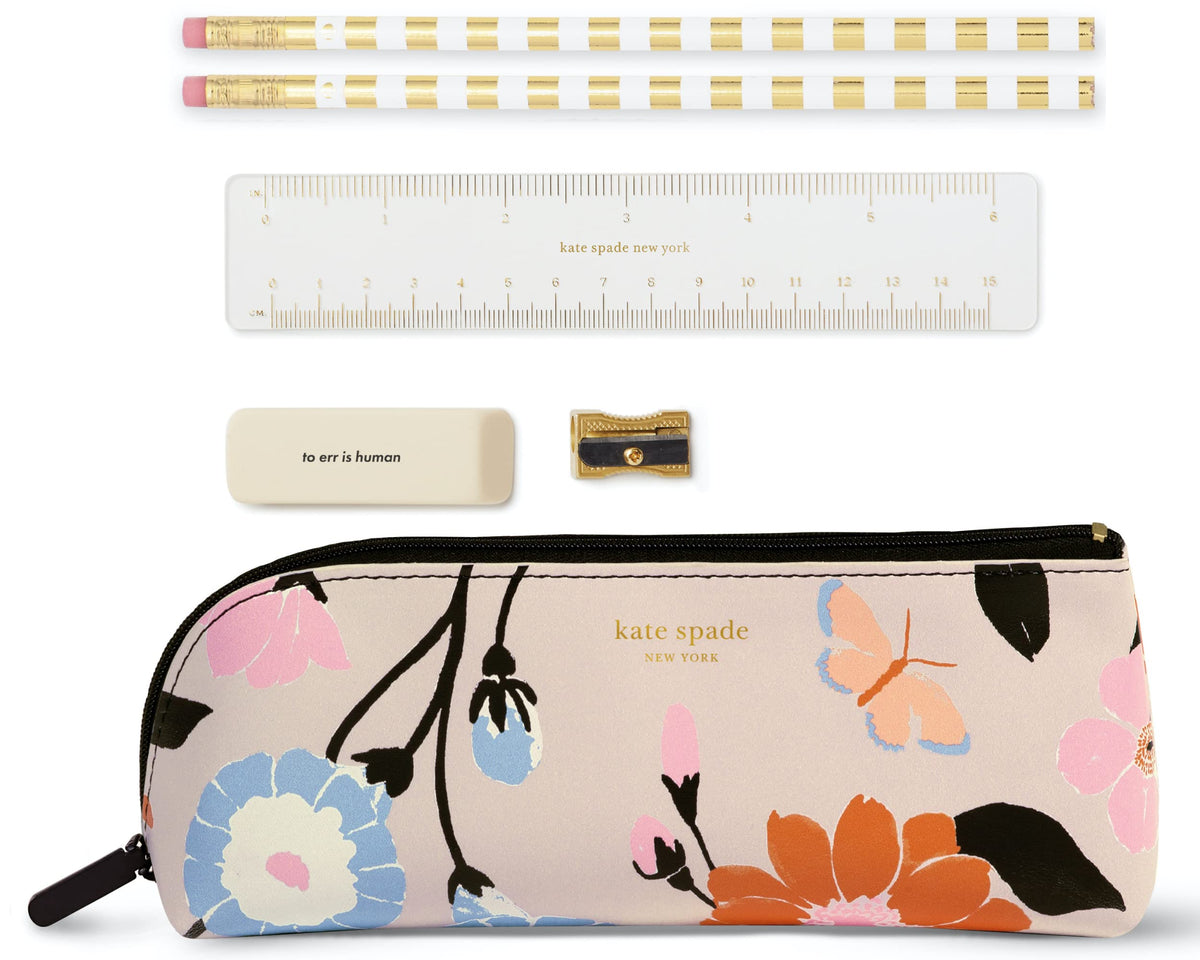 kate spade new york Pen and Pencil Case with Office Supplies, Zip Pouch Includes 2 Pencils, Sharpener, Eraser, and Ruler, Polka Dots (black/white)