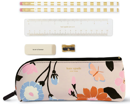 kate spade new york Pen and Pencil Case with Office Supplies, Zip Pouch Includes 2 Pencils, Sharpener, Eraser, and Ruler, Polka Dots (black/white)