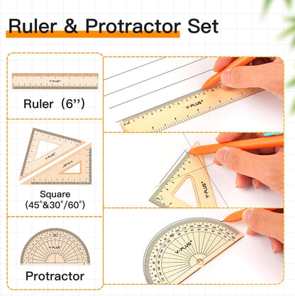 YPLUS Geometry Set, Protractor and Compass Set for Students, 12Pcs