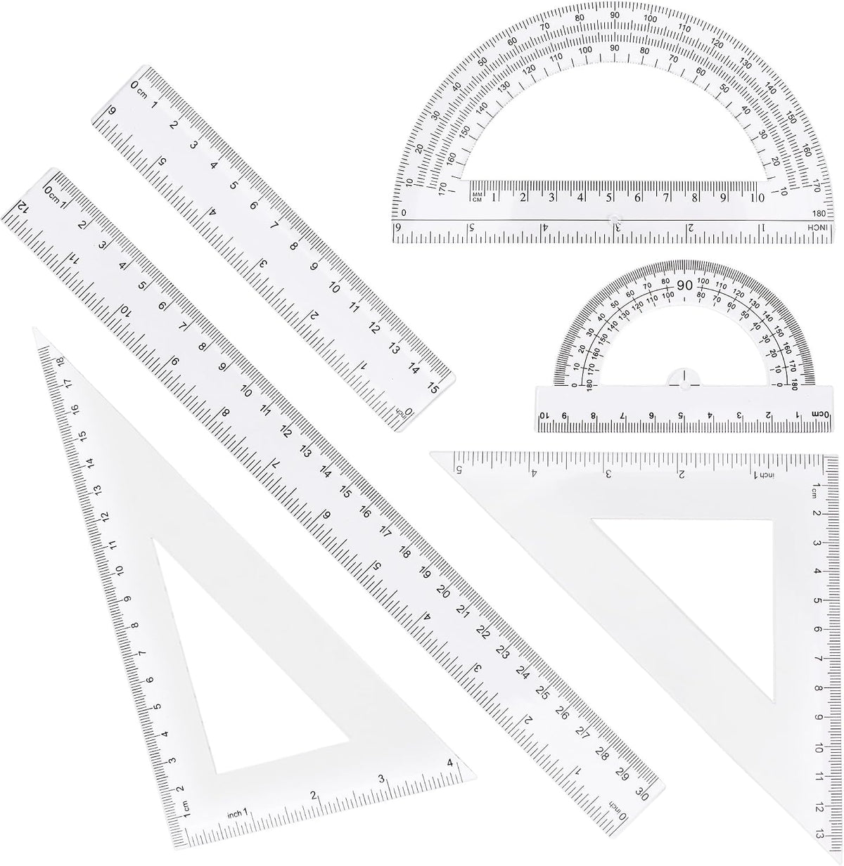 Plastic Clear Ruler Math Set - 6'' 12'' Transparent Straight Ruler, 4'' 6'' Protractor, 30/60 & 45/90 Triangle Ruler, Geometry Math Measuring Tool for School Office Drawing Teachers Kids Supplies