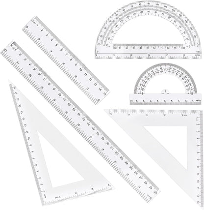Plastic Clear Ruler Math Set - 6'' 12'' Transparent Straight Ruler, 4'' 6'' Protractor, 30/60 & 45/90 Triangle Ruler, Geometry Math Measuring Tool for School Office Drawing Teachers Kids Supplies