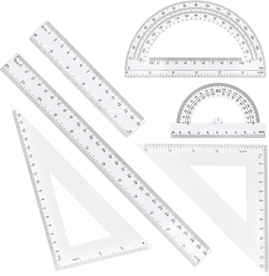 Plastic Clear Ruler Math Set - 6'' 12'' Transparent Straight Ruler, 4'' 6'' Protractor, 30/60 & 45/90 Triangle Ruler, Geometry Math Measuring Tool for School Office Drawing Teachers Kids Supplies
