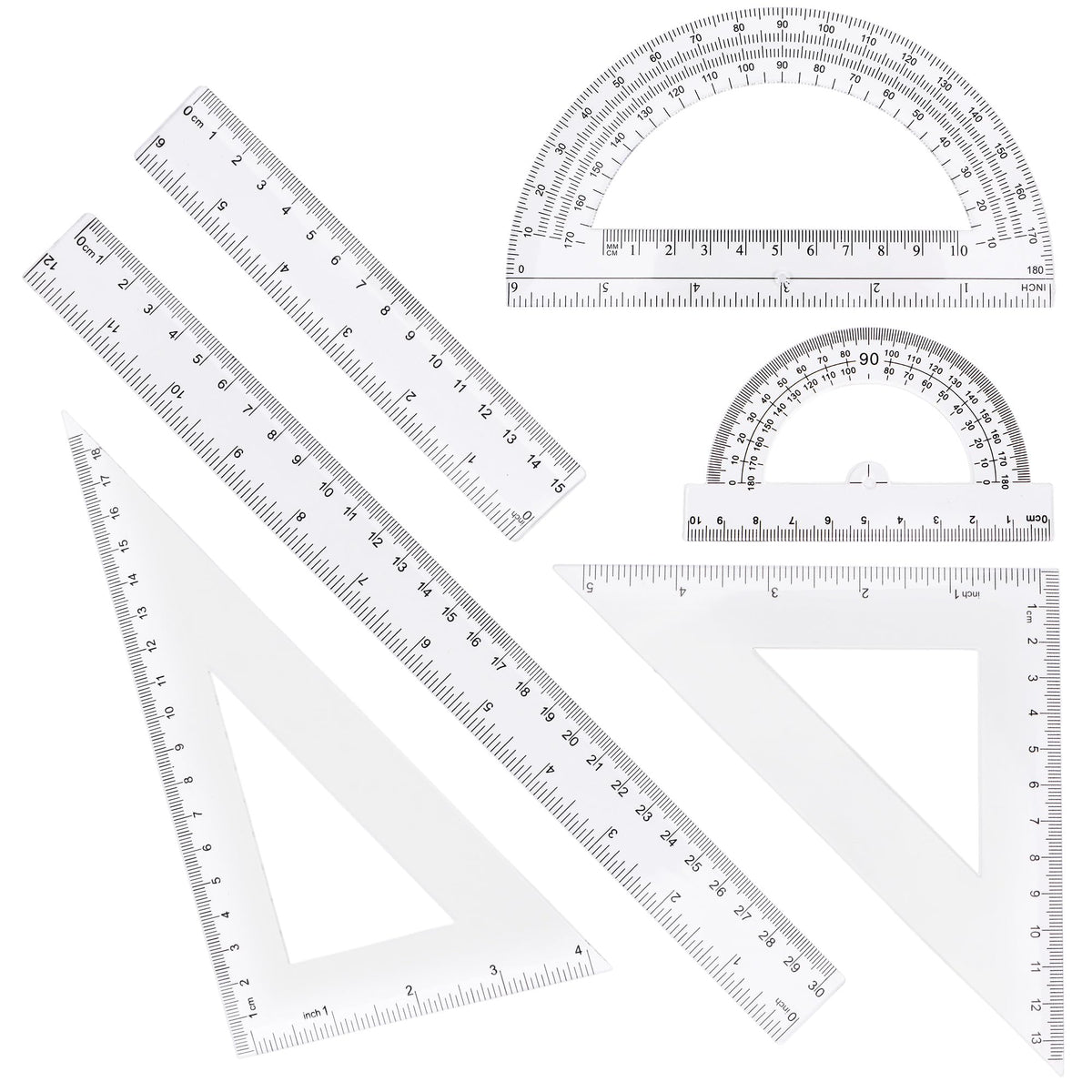 Plastic Clear Ruler Math Set - 6'' 12'' Transparent Straight Ruler, 4'' 6'' Protractor, 30/60 & 45/90 Triangle Ruler, Geometry Math Measuring Tool for School Office Drawing Teachers Kids Supplies