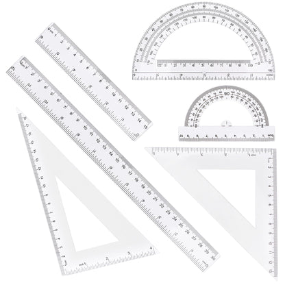 Plastic Clear Ruler Math Set - 6'' 12'' Transparent Straight Ruler, 4'' 6'' Protractor, 30/60 & 45/90 Triangle Ruler, Geometry Math Measuring Tool for School Office Drawing Teachers Kids Supplies