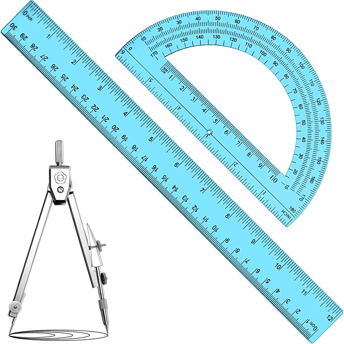 Zonon 3 Pcs 12" Clear Plastic Ruler 6 Inch Protractor Compass Set, Clear