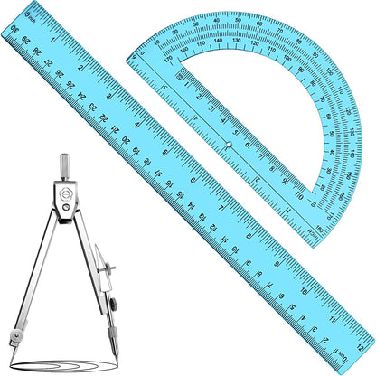 Zonon 3 Pcs 12" Clear Plastic Ruler 6 Inch Protractor Compass Set, Clear