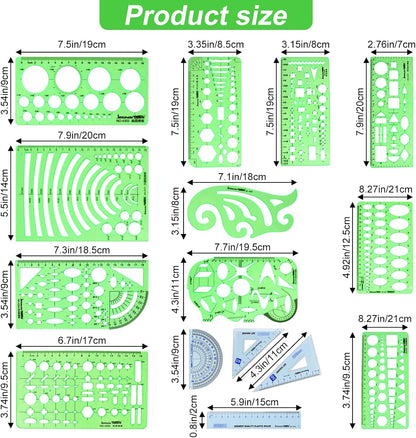 15PCS Geometric Drawings Templates, Measuring Geometry Rulers, Drafting Stencils Measuring Tools