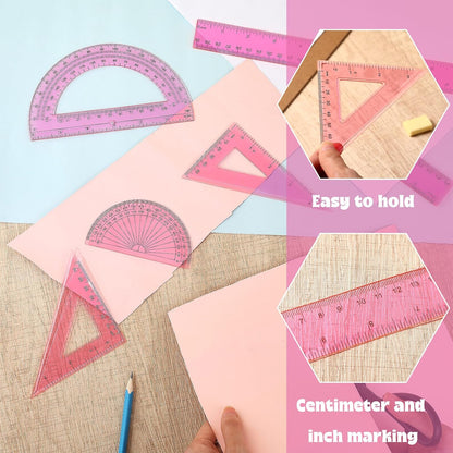 Tenare 6 Pcs Math Geometry Ruler Set, Protractor Triangle School,Pink