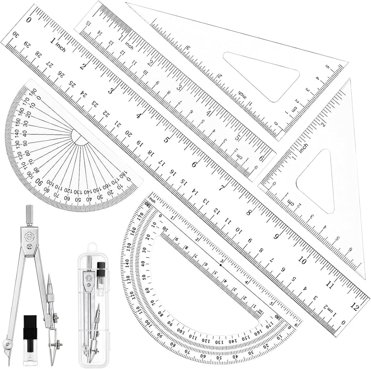 Coopay 7 Pcs Geometry Set, Clear Acrylic Ruler, Protractor and Compasses