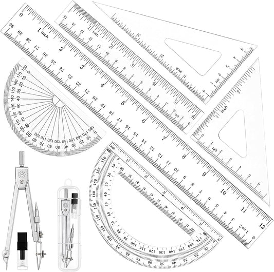 Coopay 7 Pcs Geometry Set, Clear Acrylic Ruler, Protractor and Compasses