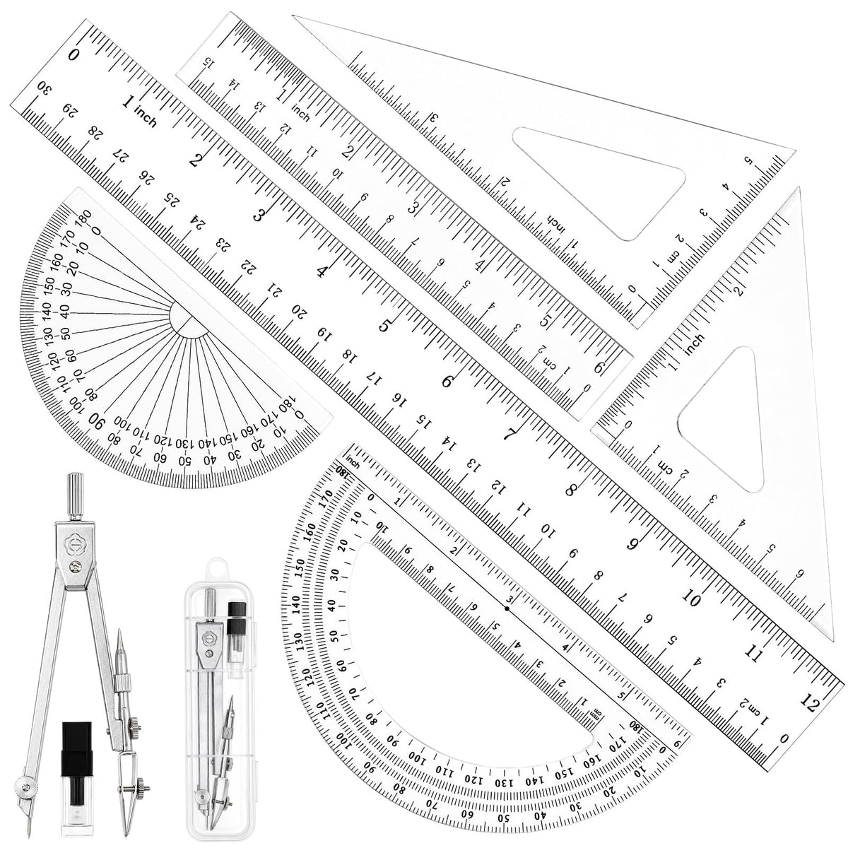 Coopay 7 Pcs Geometry Set, Clear Acrylic Ruler, Protractor and Compasses