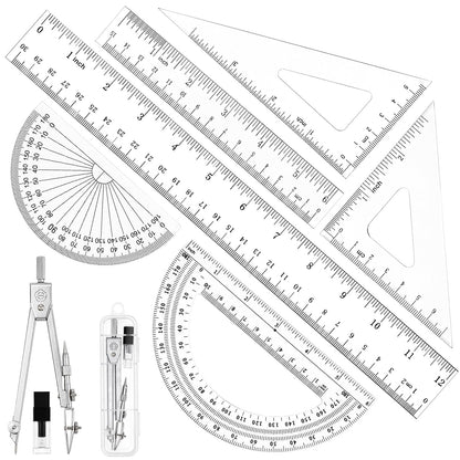 Coopay 7 Pcs Geometry Set, Clear Acrylic Ruler, Protractor and Compasses
