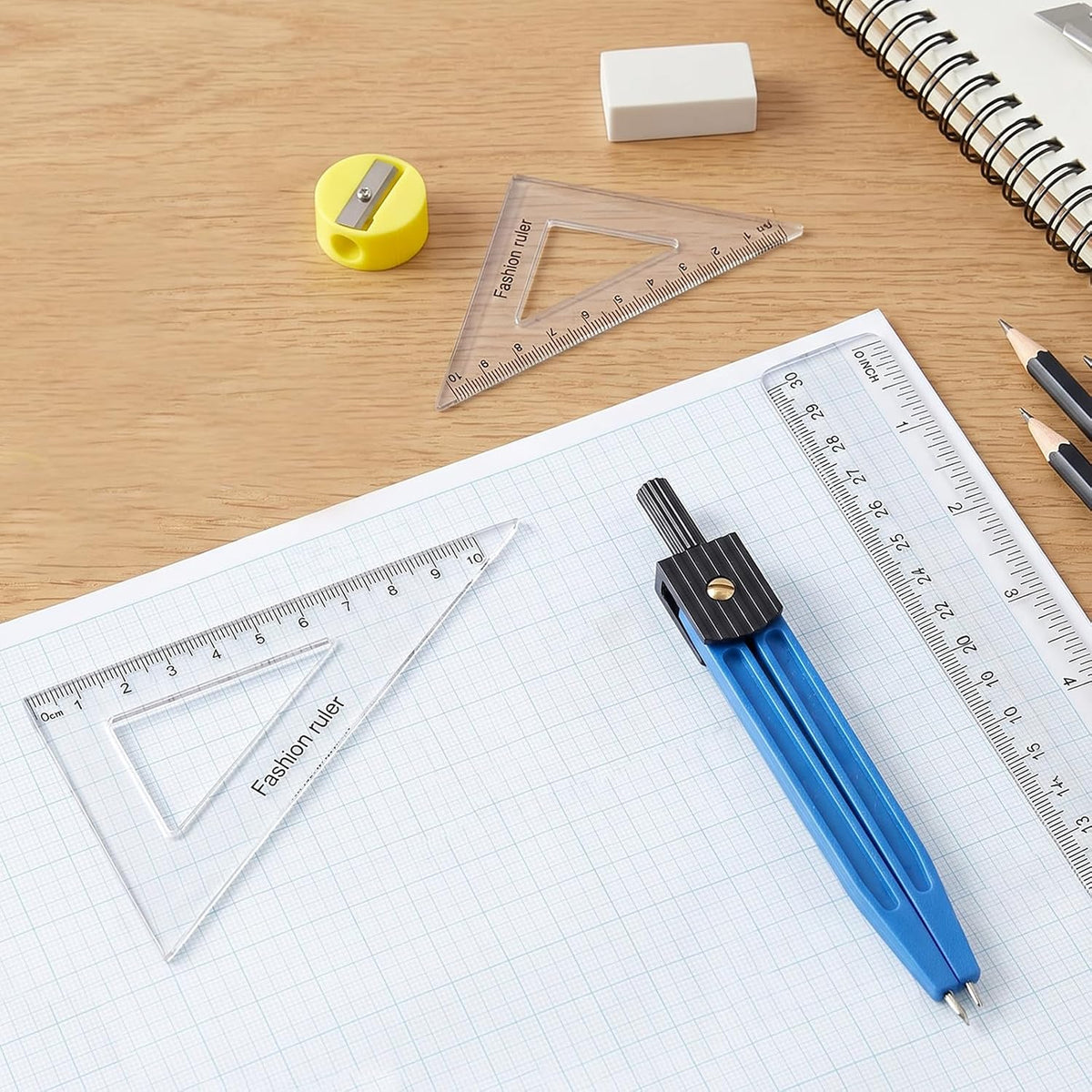 7Pcs Geometry Tool Protractor and Compass Set 12Inch Plastic Ruler