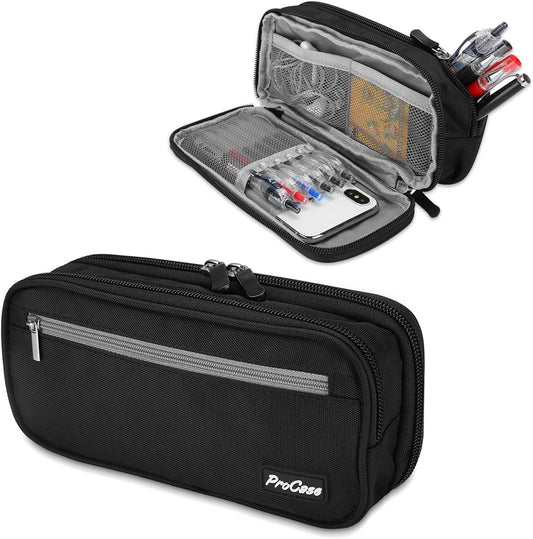 ProCase Pencil Case Pen Bag, Two Layers Big Capacity Pencil Pouch Pen Organizer Durable Stationery Holder for Marker Organization School Supplies Office Storage Desk Organizing